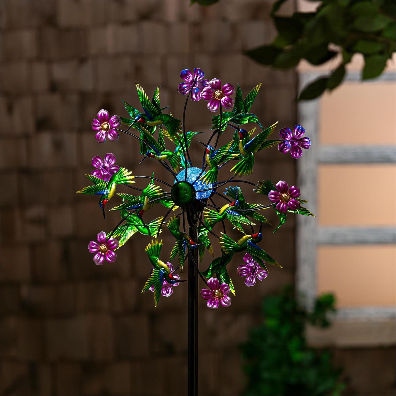 Solar Metal Green Hummingbird & flowers Spinner