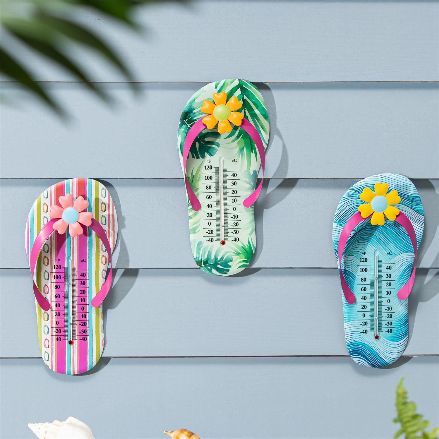 Palm Beach Thermometer, Metal Outdoor Thermometer, Flip Flops, 13"