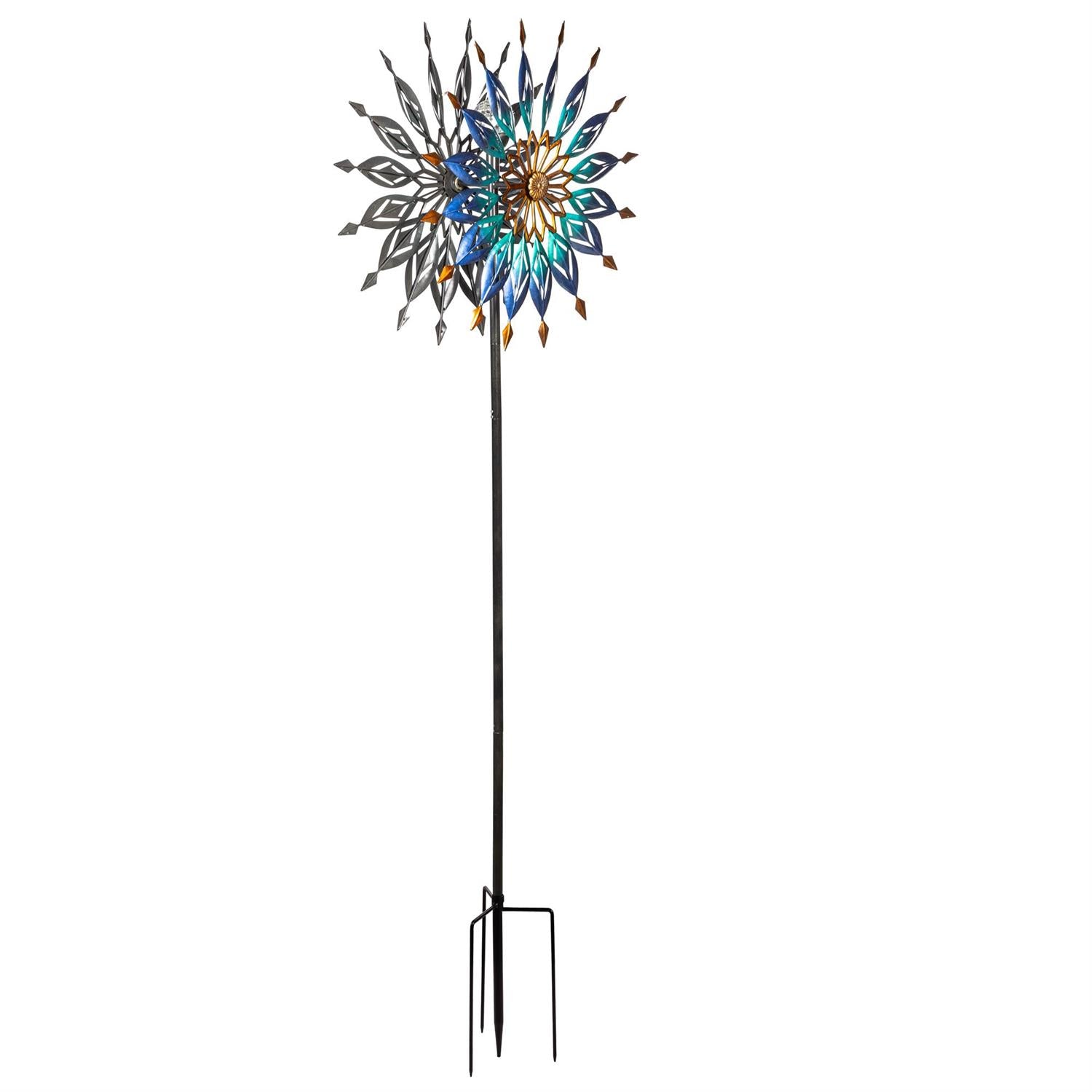 Metal Solar Wind Spinner, Blue Butterfly & Flowers, 74"H